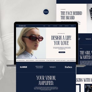 Puede incluir: Una computadora portátil muestra un sitio web con el texto "DESIGN A LIFE YOU LOVE" y "YOUR VISION, AMPLIFIED." El sitio web presenta a una mujer con gafas de sol. Los logotipos de revistas incluyen Vogue y Forbes. El logotipo de Canva es visible.