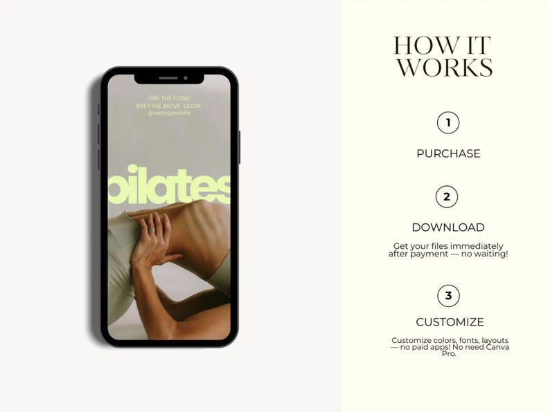 Smartphone mockup displaying a cohesive and stylish Pilates Instagram feed design created with Canva templates.