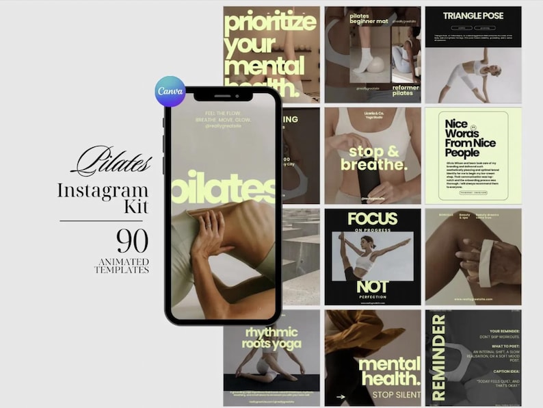 90 Editable Pilates and Wellness Instagram Templates Bundle for Canva including Stories and Posts for fitness coaches.