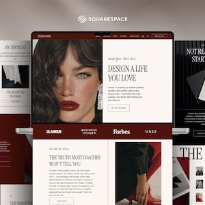 Könnte beinhalten: Ein Laptop-Bildschirm zeigt eine Website mit einem Frauenporträt und dem Text "Design a Life You Love". Die Website enthält Abschnitte zu Dienstleistungen, einem Arbeitsbuch und Artikeln. Das Farbschema ist hauptsächlich bordeauxrot und weiß.