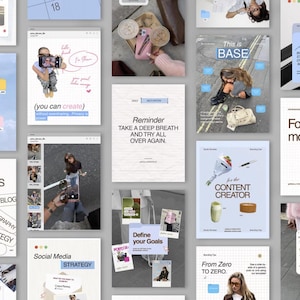 Könnte beinhalten: Eine Sammlung digitaler Grafiken mit Text und Bildern. Die Grafiken enthalten Texte wie "Unsere Dienstleistungen", "Social Media Strategie" und "Folgen Sie für mehr!". Weitere Grafiken enthalten den Text "(you can create)" und "Erinnerung: Atmen Sie tief durch und versuchen Sie es noch einmal."