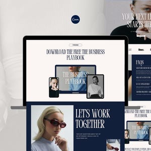 May include: A laptop displays a website with the text "DOWNLOAD THE FREE THE BUSINESS PLAYBOOK". The website features images of a woman and the text "LET'S WORK TOGETHER". The background is a light beige color.