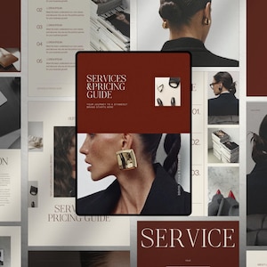 Könnte beinhalten: Eine digitale Dienstleistungs- und Preisübersichtsvorlage in einer dunkelroten und beigen Farbpalette. Das Deckblatt zeigt den Text 'SERVICES & PRICING GUIDE' und 'YOUR JOURNEY TO A STANDOUT BRAND STARTS HERE' neben einem Foto einer Person mit großen goldenen Ohrringen.