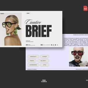 May include: A presentation slide with the text "Creative BRIEF" in large black letters. The slide features a woman wearing large black sunglasses and green earrings. Another slide shows a woman with red sunglasses and the text "Rimbere Activewear".