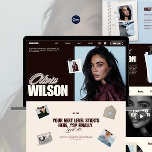 Pode incluir: Um ecrã de laptop mostra o site "Olivia Wilson", com um retrato de uma mulher e o texto "Your Next Level Starts Here, You Finally Lock In...". Imagens e texto adicionais incluem "Meet Your Coach."