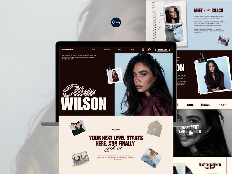 Full view of a retro collage style Canva website template for coaches and creators, featuring scrapbook textures, polaroid frames, and editorial typography in brown and cream tones.