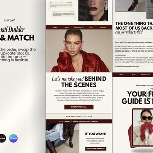 Puede incluir: Una p&aacute;gina web de marketing digital con un dise&ntilde;o limpio. La p&aacute;gina presenta un modelo con una chaqueta roja, el texto "Email Builder MIX & MATCH" y la frase "Your Free Guide is Here". La p&aacute;gina tambi&eacute;n incluye el texto "Let's me take you! BEHIND THE SCENES".