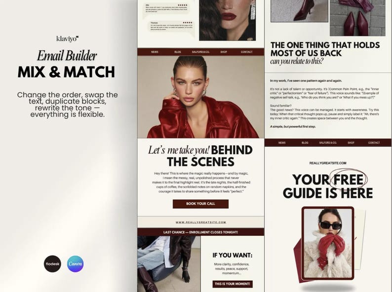 Puede incluir: Una p&aacute;gina web de marketing digital con un dise&ntilde;o limpio. La p&aacute;gina presenta un modelo con una chaqueta roja, el texto "Email Builder MIX & MATCH" y la frase "Your Free Guide is Here". La p&aacute;gina tambi&eacute;n incluye el texto "Let's me take you! BEHIND THE SCENES".