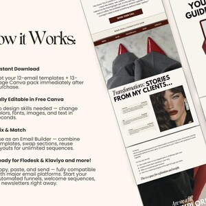 Puede incluir: Un gr&aacute;fico de marketing digital con el texto "How it Works" y vi&ntilde;etas que describen las caracter&iacute;sticas de un paquete de plantillas de correo electr&oacute;nico. El dise&ntilde;o incluye im&aacute;genes de una mujer y tacones altos rojos, con el texto "Transformations: STORIES FROM MY CLIENTS..."