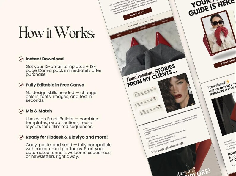 Puede incluir: Un gr&aacute;fico de marketing digital con el texto "How it Works" y vi&ntilde;etas que describen las caracter&iacute;sticas de un paquete de plantillas de correo electr&oacute;nico. El dise&ntilde;o incluye im&aacute;genes de una mujer y tacones altos rojos, con el texto "Transformations: STORIES FROM MY CLIENTS..."