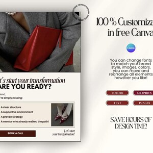 Puede incluir: Un anuncio de Canva, con una persona con una blazer gris sosteniendo un clutch rojo. El texto dice: "Comienza tu transformaci&oacute;n - &iquest;EST&Aacute;S LISTO?" y "100% personalizable en Canva".