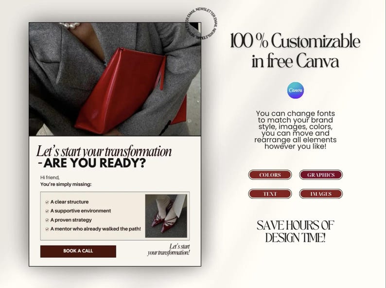Puede incluir: Un anuncio de Canva, con una persona con una blazer gris sosteniendo un clutch rojo. El texto dice: "Comienza tu transformaci&oacute;n - &iquest;EST&Aacute;S LISTO?" y "100% personalizable en Canva".