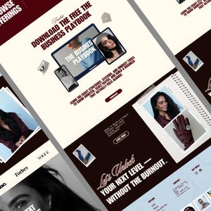 No-code Canva website builder template layout showing a professional one-page site design for influencers with a vintage modern look