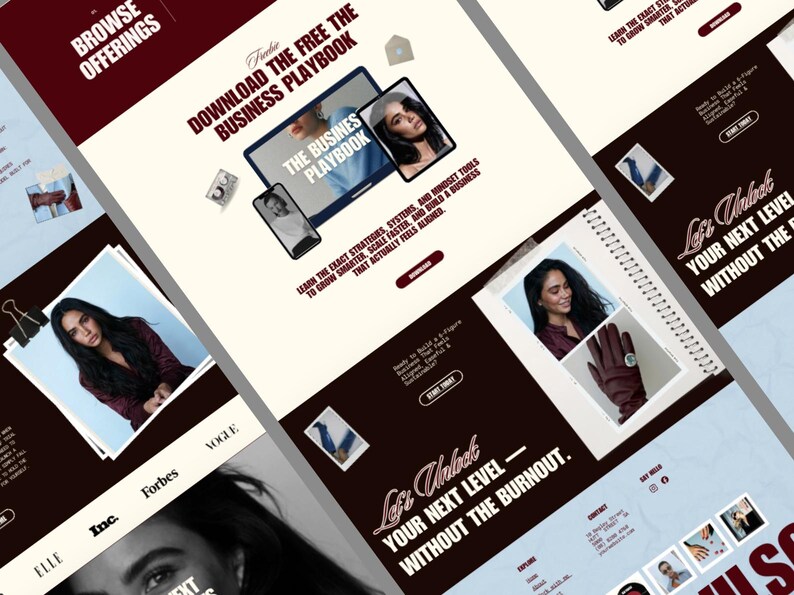 No-code Canva website builder template layout showing a professional one-page site design for influencers with a vintage modern look
