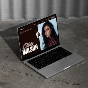 Editorial style website template showing client testimonials section with polaroid photo frames and a "seen in" media bar for credibility.