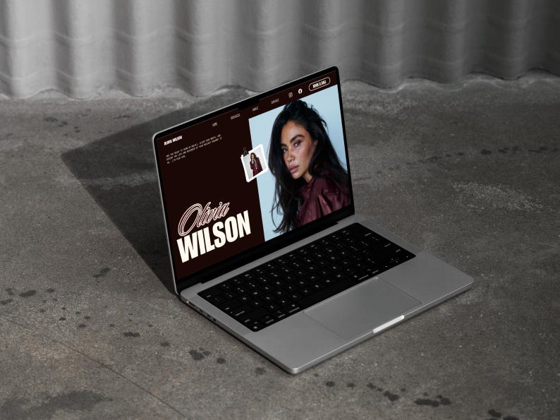 Editorial style website template showing client testimonials section with polaroid photo frames and a "seen in" media bar for credibility.