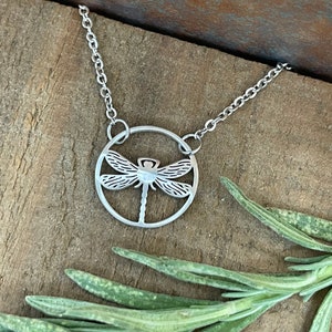 Delicate silver chain necklace stainless steel tarnish-free 16-18 inches Dragonfly circle  Hypoallergenic