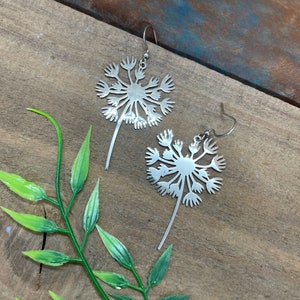 Large Dandelion Dangle Earrings stainless steel tarnish-free silver Hypoallergenic french wire