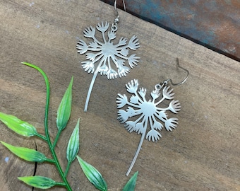Large Dandelion Dangle Earrings stainless steel tarnish-free silver Hypoallergenic french wire