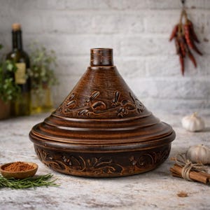 Könnte beinhalten: Ein brauner Keramik-Tagine-Topf mit konischem Deckel und floralen Reliefmustern. Der Boden ist rund mit einem breiten Rand. Der Topf wird mit Gewürzen, Knoblauch und Zimtstangen präsentiert.