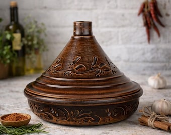 Handgemaakte keramische tajinepan 2,5 liter – Marokkaanse tajine van klei met deksel, handgesneden terracotta kookpot, ovenbestendig aardewerk