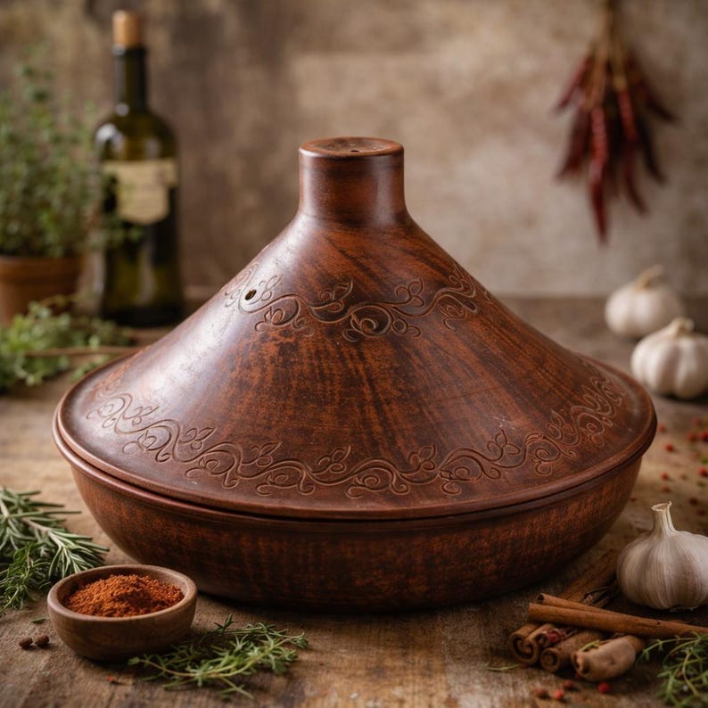 Puede incluir: Un tajine de arcilla marr&oacute;n con tapa c&oacute;nica que presenta un patr&oacute;n de enredadera en relieve. El recipiente de cocina tiene una base circular ancha y un pomo central en la tapa. La superficie de barro muestra variaciones de color.