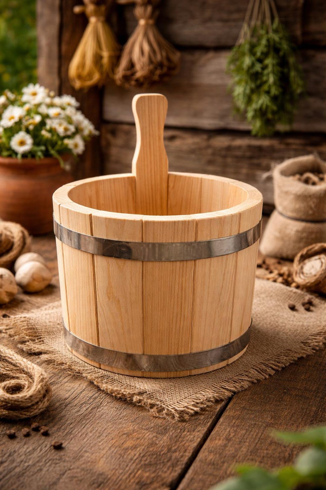 Rustic Ash Bucket Wooden Sauna Bucket 5L Ash Wood – Handmade Bath Bucket With Handle ...