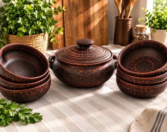 Puede incluir: Un juego de utensilios de cocina de arcilla marrón oscuro que incluye una olla grande con tapa y dos asas laterales, junto con seis cuencos a juego. Cada pieza está decorada con intrincados patrones florales y geométricos en relieve.