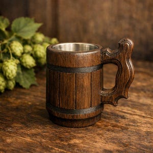 May include: A wooden beer mug with a stainless steel interior. The mug has a dark brown finish with a decorative handle. The mug is made of vertical wooden slats held together by two dark bands. The mug is sitting on a wooden surface.