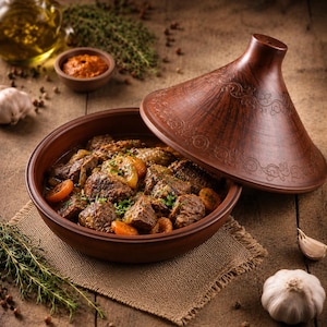 Puede incluir: Un tajine de arcilla marr&oacute;n con una tapa c&oacute;nica que presenta patrones de volutas en relieve. La base contiene un guiso de trozos de carne, zanahorias en rodajas y hierbas verdes. El recipiente de cocina est&aacute; hecho de barro natural con acabado r&uacute;stico.