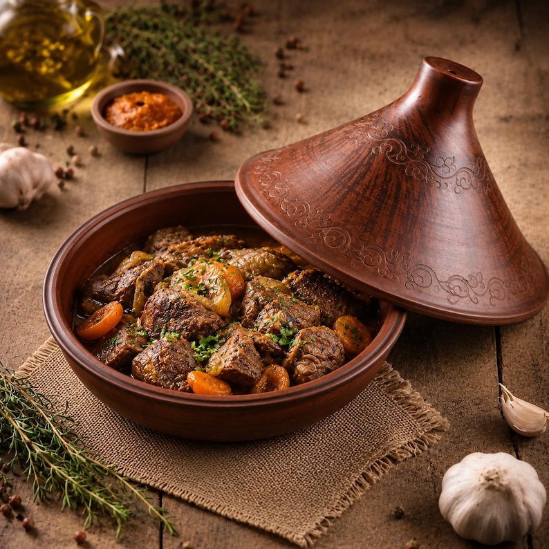 Puede incluir: Un tajine de arcilla marr&oacute;n con una tapa c&oacute;nica que presenta patrones de volutas en relieve. La base contiene un guiso de trozos de carne, zanahorias en rodajas y hierbas verdes. El recipiente de cocina est&aacute; hecho de barro natural con acabado r&uacute;stico.