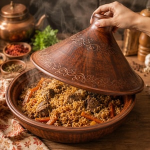 Puede incluir: Un tajine de arcilla marr&oacute;n con una tapa c&oacute;nica que presenta patrones de volutas en relieve. La base contiene un plato cocinado de arroz, trozos de carne y zanahorias en rodajas, con vapor visible elev&aacute;ndose desde el recipiente.