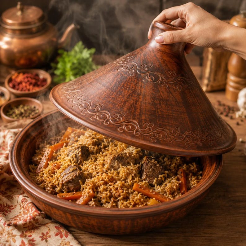 Puede incluir: Un tajine de arcilla marr&oacute;n con una tapa c&oacute;nica que presenta patrones de volutas en relieve. La base contiene un plato cocinado de arroz, trozos de carne y zanahorias en rodajas, con vapor visible elev&aacute;ndose desde el recipiente.