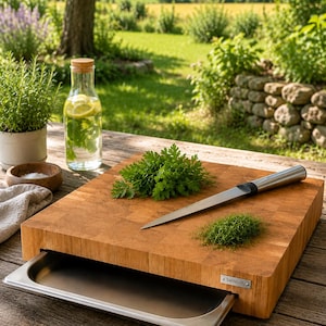 May include: A thick, square wooden cutting board with a butcher block pattern and a built-in stainless steel slide-out tray. A silver metal kitchen knife rests on the surface next to a small pile of fresh green herbs. A small metal tag reads BeWoody.