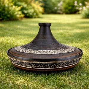 May include: A dark brown ceramic tagine pot with a conical lid and decorative, cream-colored floral patterns around the base and lid. The tagine sits on a bed of green grass, suggesting outdoor use for cooking.