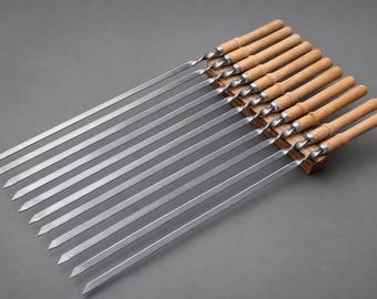 Grillspett i rostfritt stål 58 cm med trähandtag – shish kebabspett BBQ-spett 2 mm 3 mm kebabköttspett campinggrill