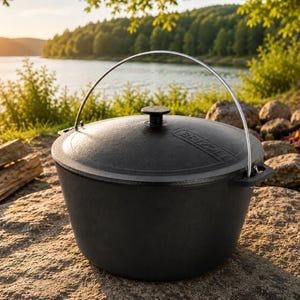 Può includere: Una pentola olandese in ghisa nera con coperchio e manico in metallo, perfetta per cucinare all'aperto. La pentola è appoggiata su una grande roccia con uno sfondo panoramico di un lago, alberi e un falò.