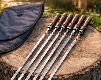 Spiedini per barbecue in acciaio inox, 72 cm, set da 6 con manici in legno, spiedini per shish kebab BBQ, mangal con sacchetto, spessore 3 mm