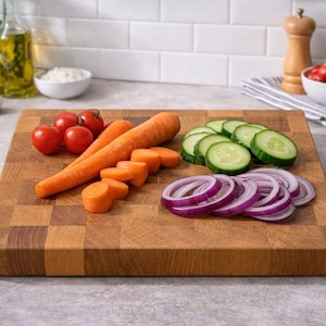 May include: A wooden cutting board with fresh vegetables. The board holds sliced cucumbers, red onion rings, carrot sticks, and whole tomatoes. The board is made of light and dark brown wood.