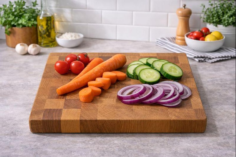 May include: A wooden cutting board with fresh vegetables. The board holds sliced cucumbers, red onion rings, carrot sticks, and whole tomatoes. The board is made of light and dark brown wood.