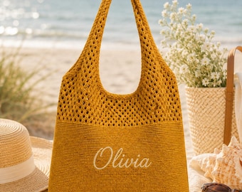 Personalized Crochet Shoulder Bag Custom Name Embroidered Hobo Tote Beach Vacation Bridesmaid Gift