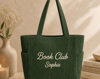 Personalized Book Club Corduroy Tote Bag Embroidered Reader Gift Library Shoulder Carryall Pocketed