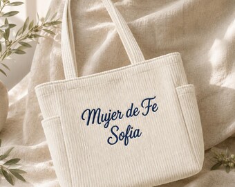 Personalized Christian Corduroy Tote Bag Embroidered Name Faith Gift For Women Church Carryall