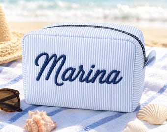 Personalized Embroidered Toiletry Bag Striped Travel Cosmetic Organizer Bridesmaid Birthday Gift For Her