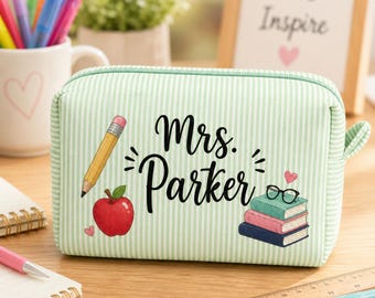 Personalized Teacher Cosmetic Bag Pencil Pouch Classroom Organizer Appreciation Gift Mrs Name Keepsake