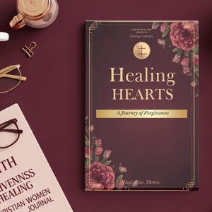 Puede incluir: Un libro granate titulado "Healing Hearts" con letras doradas y detalles florales. La portada del libro incluye el texto "A Journey of Forgiveness" y "Heal. Rise. Thrive." Un diario con texto es visible a la izquierda.