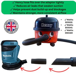 May include: An orange Henry vacuum cleaner with a smiling face, a black hose, and a blue Makita power tool. The image includes text about the vacuum's features and the phrase "Made in United Kingdom."