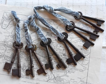 Mysterious Antique French Keys with Crushed Velvet Ribbon, Small, Set of Two
