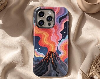 May include: A colorful phone case featuring a volcano erupting with vibrant orange, red, and yellow flames against a starry night sky. The case has a black border and a detailed illustration of the volcano's base.
