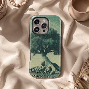 May include: A phone case featuring a detailed illustration of a large tree with exposed roots. The design is primarily green and beige, with a textured, artistic style. The case has a black camera module and is set against a neutral background.